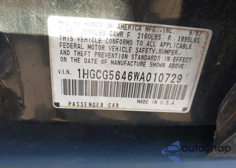 1998 Honda Accord Lx z USA, uszkodzony, nr VIN 1HGCG5646WA010729